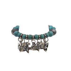 Faux Turquoise Charm Bracelet With Silver-Tone Beads Ocean-Inspired Stretch